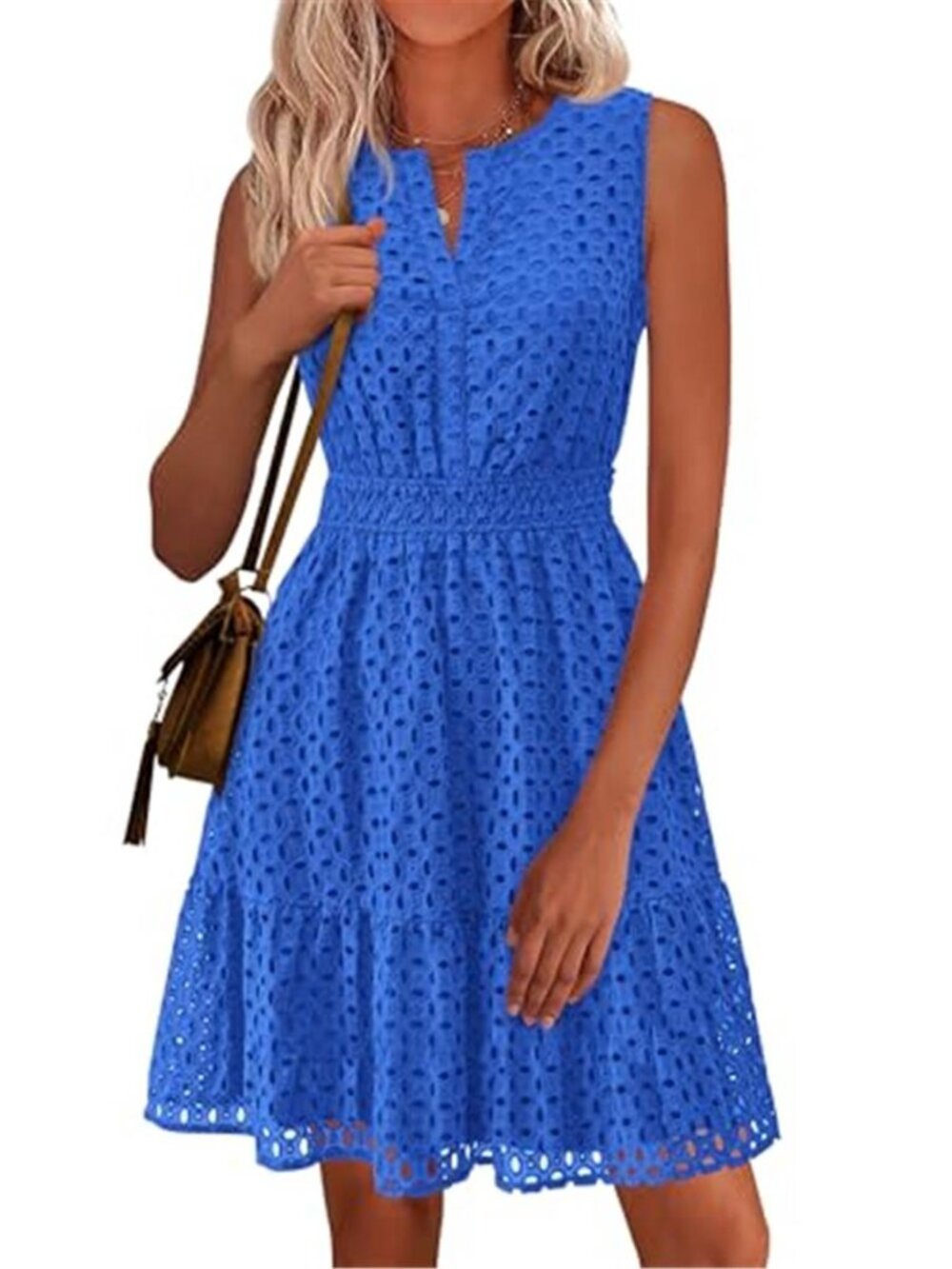 Blue Eyelet Sleeveless V Neck A Line Swing Beach Vacation Summer Sundress